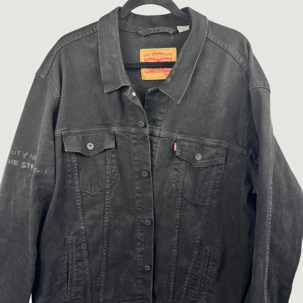 Levis Trucker Jacket Mens 3XL Black Graphic Sleeve Streetwear Custom Denim